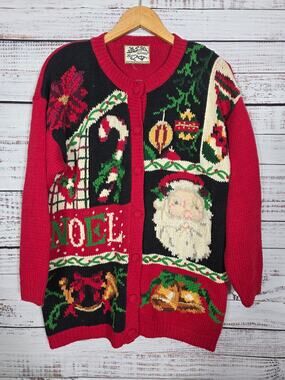 VTG Heirloom Collectibles Christmas Sweater Santa Noel Patchwork Women's Large
